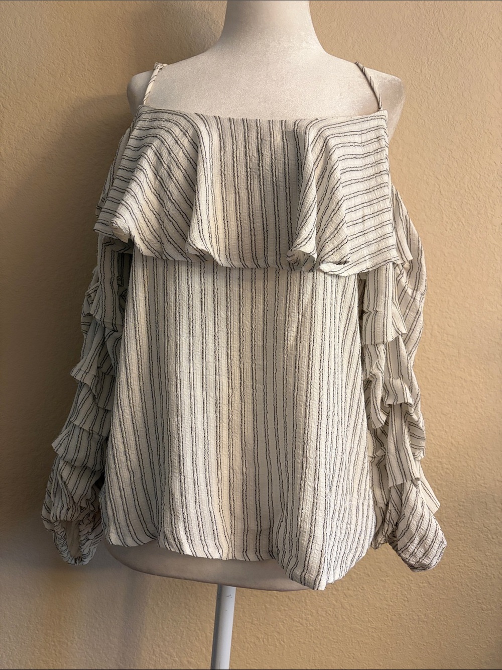 Maven West Cream and Black Striped Off-Shoulder Ruffle Sleeve Sweater